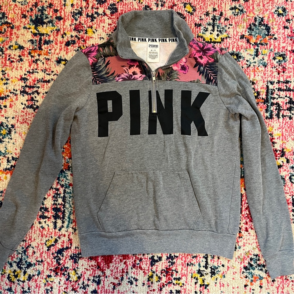 XS Gray Tropical Floral Victoria Secret PINK 1/4 Zip Pullover